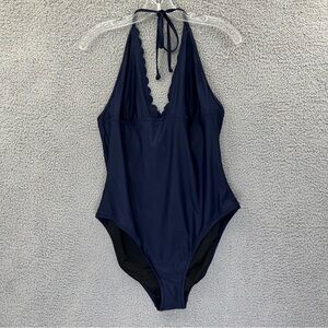 J. Crew Scalloped Plunge V Neck One Piece Swimsuit Navy‎ Blue Women's Large
